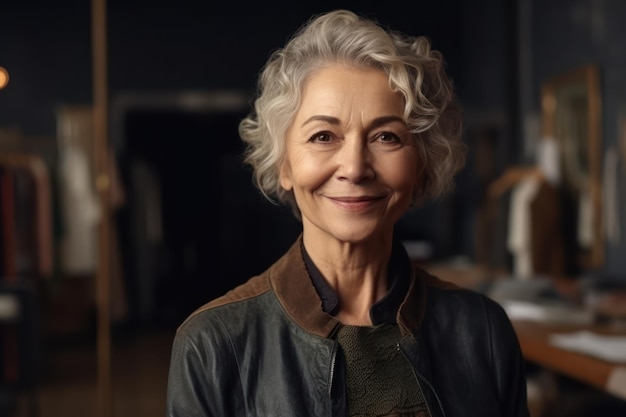 Adultos mayores de 60 años diseñador de moda de edad que trabaja en un estudio de diseño de exhibición retrato de sofisticada de mediana edad confiada sonriente diseñadora femenina posando mirando a la cámara