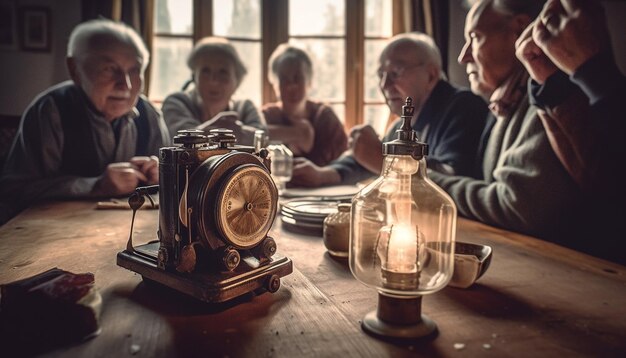 Foto adultos mayores disfrutan de un taller de fotografía capturando recuerdos con equipos antiguos generados por inteligencia artificial