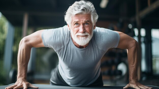 Foto adultos mayores haciendo flexiones en el gimnasio