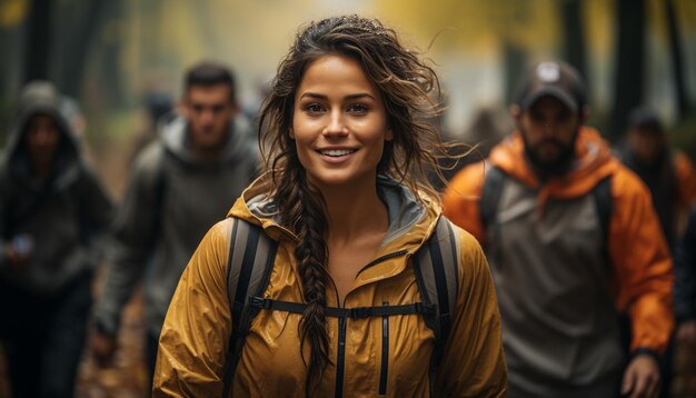 Foto adultos sonrientes caminando en la naturaleza disfrutando de la aventura al aire libre generada por la inteligencia artificial