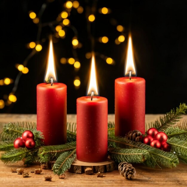Foto adventsdekoration mit brennenden kerzen und wunderbaren lichtern