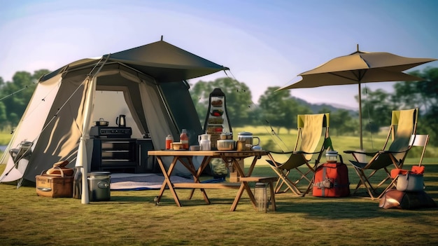 Adventure Awaits Camping Essentials ambientado en impresionantes fondos IA generativa