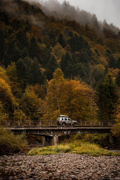 Adventure Road Trip Car Drives Over Old Bridge en Mountains Active Outdoor in Wilderness