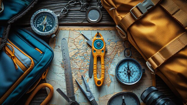 Adventure Travel Essentials Compass Map and Gear on Wooden Background perfeito para blogs de viagens