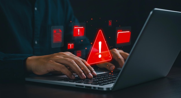 Advertencia de amenaza de ciberseguridad y violación de datos en la pantalla de la computadora portátil