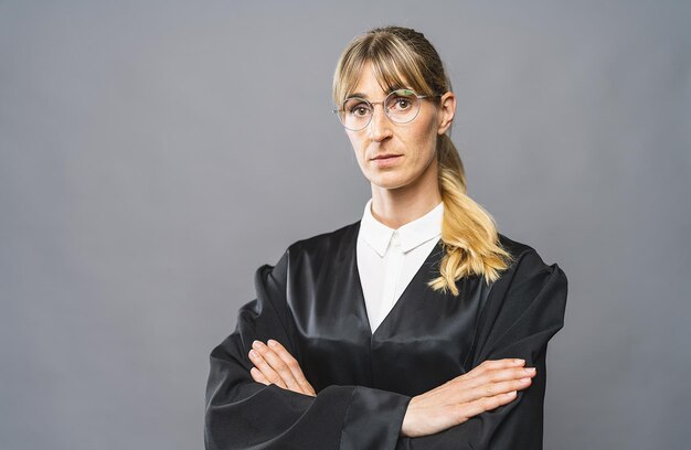 Advogada com braços cruzados, olhando para a câmera em uma sala do tribunal em uma parede cinza Imagem do conceito de lei e justiça