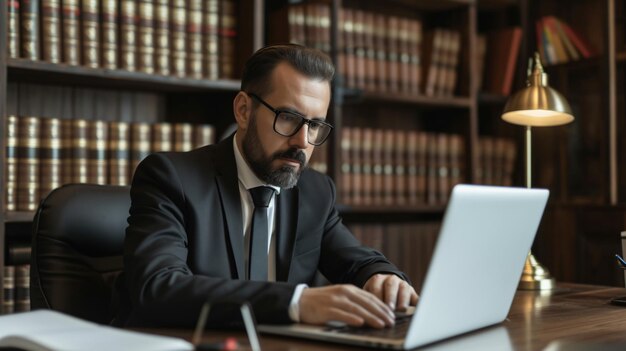 Advogado profissional sério sentado em uma mesa elegantemente decorada em seu escritório moderno absorto no trabalho em seu portátil elegante