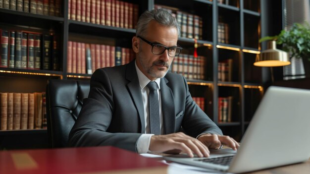 Advogado sério trabalhando diligentemente em um laptop em uma mesa moderna em um escritório bem iluminado profissional focado e comprometido