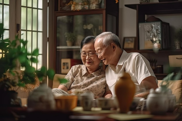 Ältere asiatische Paare kümmern sich gemeinsam um die Zeit in ihrem Wohnzimmer Generative KI