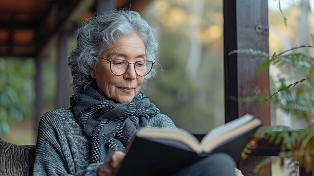 Ältere Bürger genießen ein Buch auf der Veranda