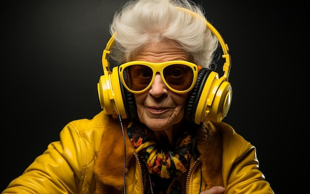 Ältere Dame mit gelber Sonnenbrille DJ Generative Ai