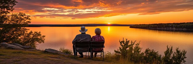 Foto Ältere ehepaare begrüßen glücklich ihre goldenen jahre bei einem ruhigen sonnenuntergang am strand