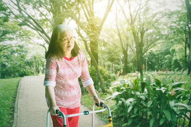 Ältere Frau, die mit einem Wanderer im Park spazieren geht
