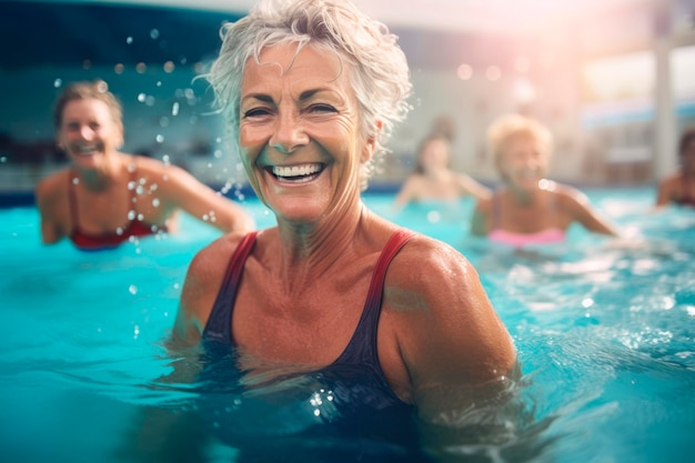 ältere Frau, die sich im Pool erfreut