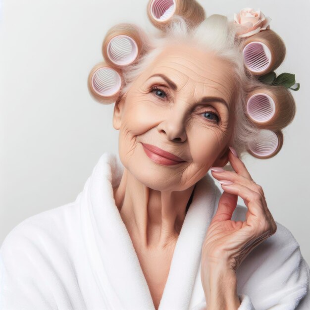 Ältere Frau in einem weißen Gewand mit Lockenwicklern im Haar auf einem einfarbigen weißen Hintergrund ai generativ