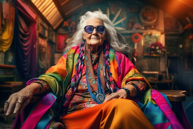 ältere Frau in farbenfrohen Kleidern in einem Studio gegenüber der Kamera