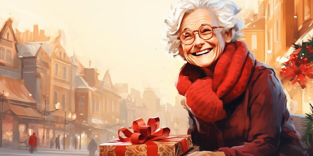 Foto Ältere frau in winterkleidung im hintergrund der straßen der weihnachtsstadt illustration winterferien