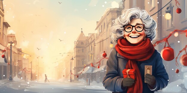 Foto Ältere frau in winterkleidung im hintergrund der straßen der weihnachtsstadt illustration winterferien