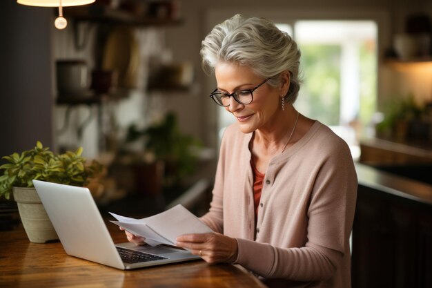 ältere Frau liest Dokumente vor einem Laptop