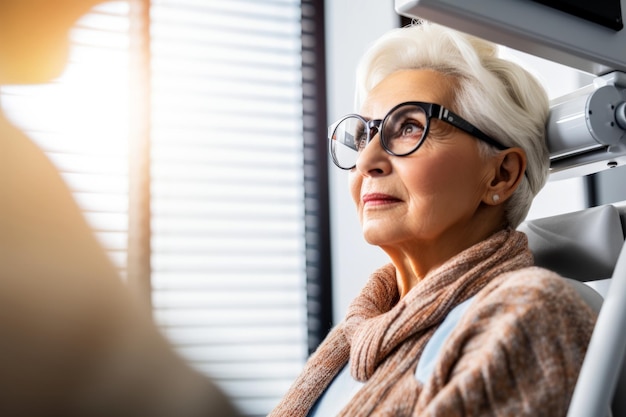 Foto Ältere frau mit brille führt bei einem spezialisierten optiker eine augenuntersuchung durch