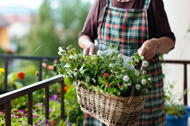 Foto Ältere frau mit einem korb frisch geernter balkonblumen