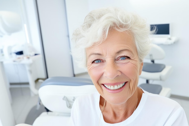 ältere Frau mit glücklichem und überraschtem Ausdruck in einer Zahnarztklinik