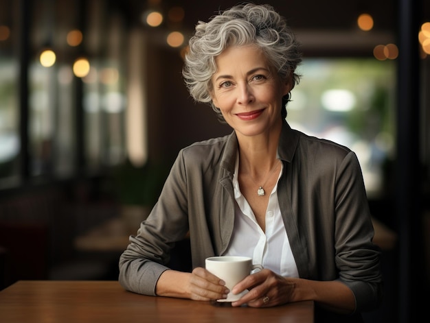 Foto Ältere frau mit grauen haaren trinkt kaffee im café