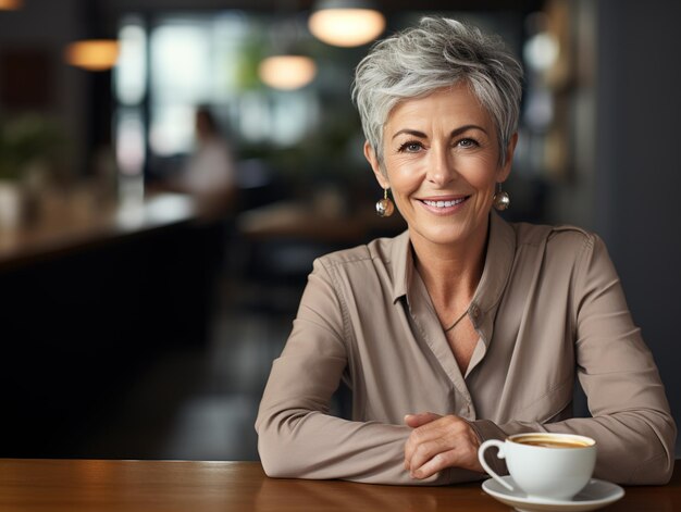 Foto Ältere frau mit grauen haaren trinkt kaffee im café