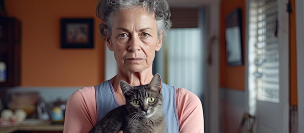 Ältere Frau mit Katze allein zu Hause, die Anzeichen von Demenz und Depression zeigt