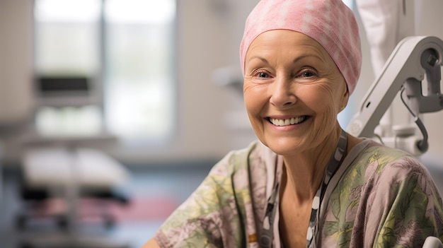 Foto Ältere frau mit krebs lächelt und sitzt im krankenhaus. erstellt mit generativer ki-technologie