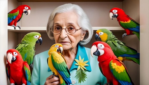 Foto Ältere frau mit papageien im schrank
