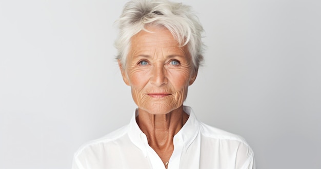 Ältere Frau mit silbernem Haar und weißer Bluse auf einem schlichten weißen Hintergrund