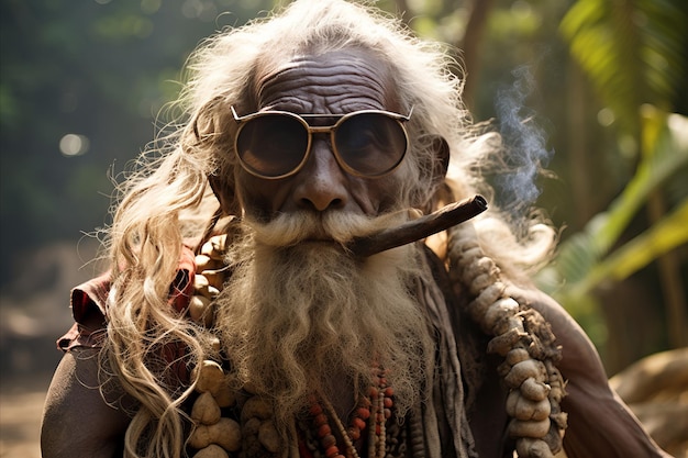 Foto Ältere frau trägt übergroße brille und raucht eine pfeife in einem ländlichen dorf