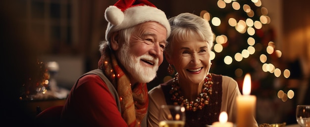 Foto Ältere frau und älterer mann genießen weihnachtsmahlzeit am tisch