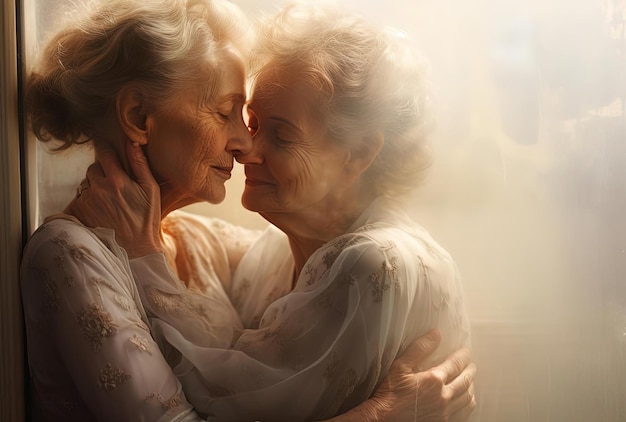 ältere Frauen, die sich gegenseitig umarmen, während sie aus dem Fenster in der Art des durchsichtigen Durchscheinens schauen