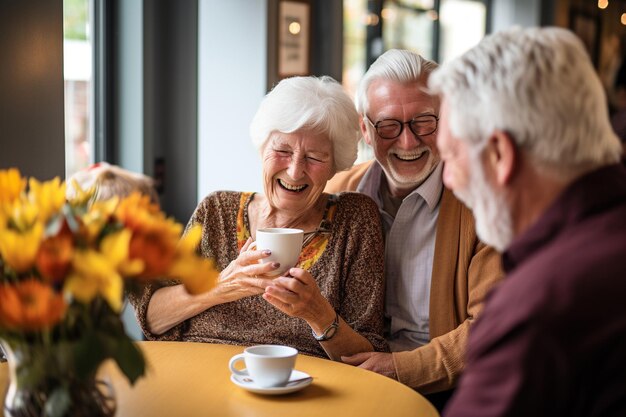 Ältere Freunde lachen fröhlich beim Tee