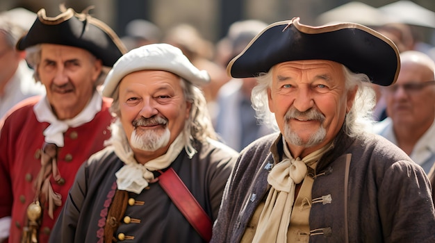 Foto Ältere freunde nehmen an einer historischen aufführung teil