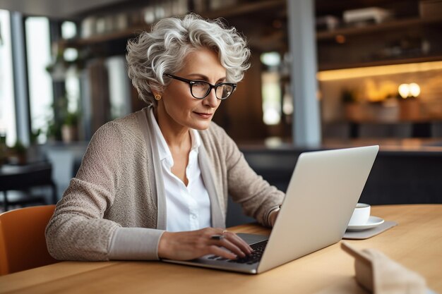 Ältere Geschäftsfrau mittleren Alters, die einen Laptop benutzt Professionelle Ausbildungsklasse Online-Webinar auf Laptop