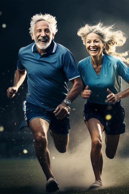 Ältere Mann und Frau in Sportkleidung laufen, trainieren, kümmern sich um sich im Alter
