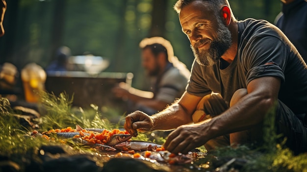 Foto Ältere menschen zelten und zubereiteten fisch an einem bewaldeten bach