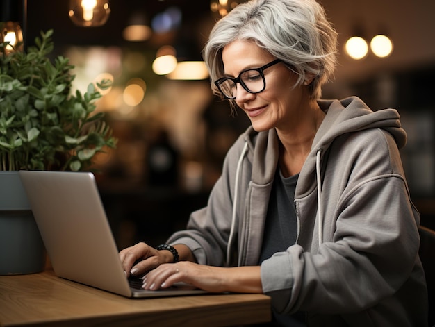 Ältere, moderne Frau mit grauen Haaren und Brille, die im Café am Laptop arbeitet