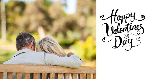 Ältere Paare, die mit dem Rücken zur Kamera auf der Bank sitzen, gegen einen fröhlichen Valentinstag