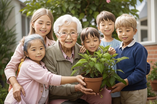 Ältere Person und Kinder halten die Pflanze