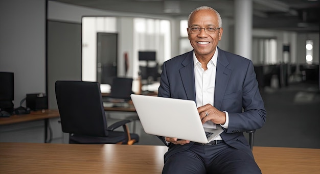 älterer afroamerikanischer Geschäftsmann mit Laptop erfolgreicher glücklicher lächelnder Geschäftsmann im Anzug am Arbeitsplatz in einem modernen Büro, der einen Laptop in der Hand hält Generative KI