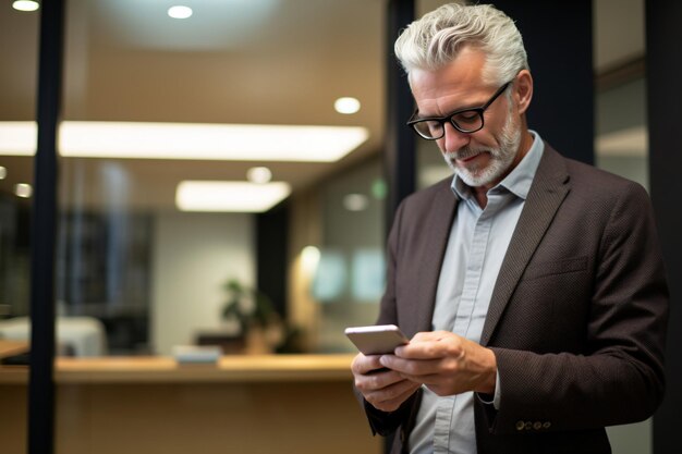 älterer erwachsener Mitarbeiter, der im Büro ein digitales Tablet oder ein Smartphone benutzt