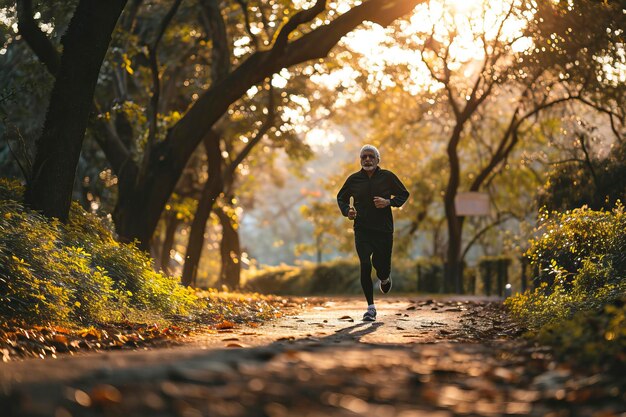 Foto Älterer fitness-person läuft im park für eine gute gesundheit älterer mann läuft in der sonnigen natur