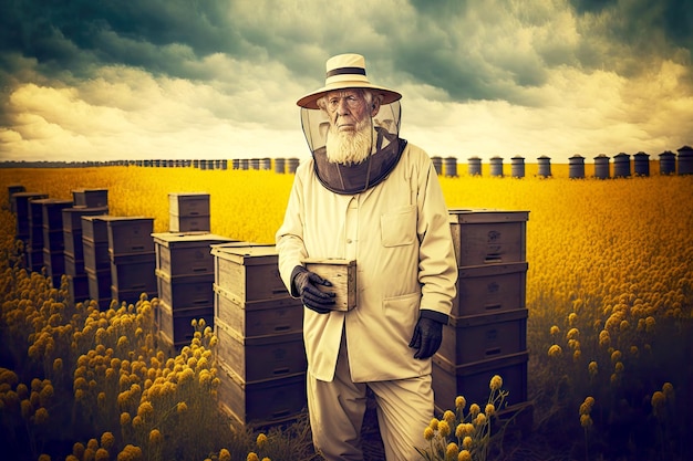 Foto Älterer imker in anzug und hut auf dem feld mit bienenstöcken auf bienenständen, die mit generativer ki erstellt wurden