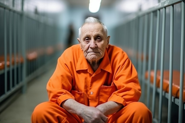 Älterer Krimineller in orangefarbener Uniform sitzt auf dem Gefängnisbett und denkt über Freiheit nach. Gefangener verbüßt seine Haftstrafe in Gefängniszelle. Schuldiger Häftling in Haftanstalt oder Justizvollzugsanstalt