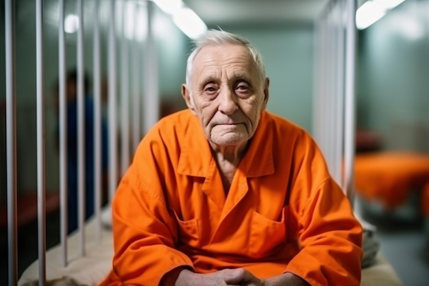 Foto Älterer krimineller in orangefarbener uniform sitzt auf dem gefängnisbett und denkt über freiheit nach. gefangener verbüßt seine haftstrafe in gefängniszelle. schuldiger häftling in haftanstalt oder justizvollzugsanstalt