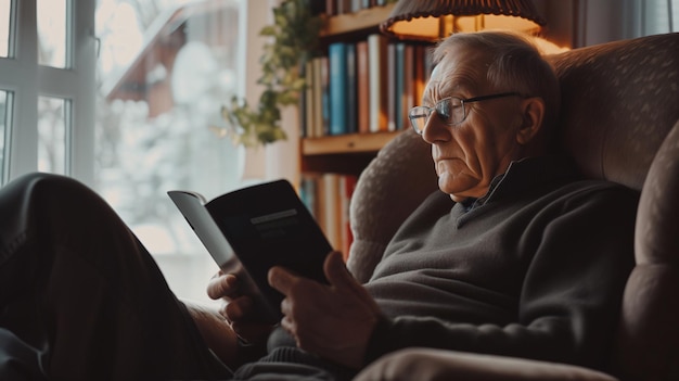älterer Mann, der in ein Buch vertieft ist und bequem inmitten sitzt